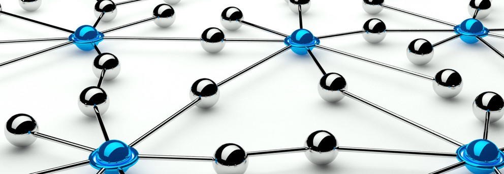 Networking graphic of blue balls connected by gray strings